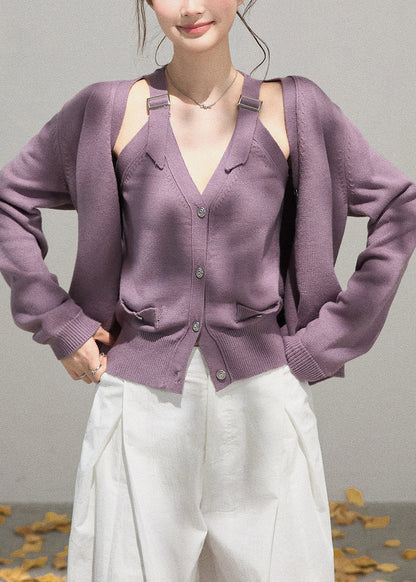 Simple Purple Knit Two Piece Set Women Clothing Fall