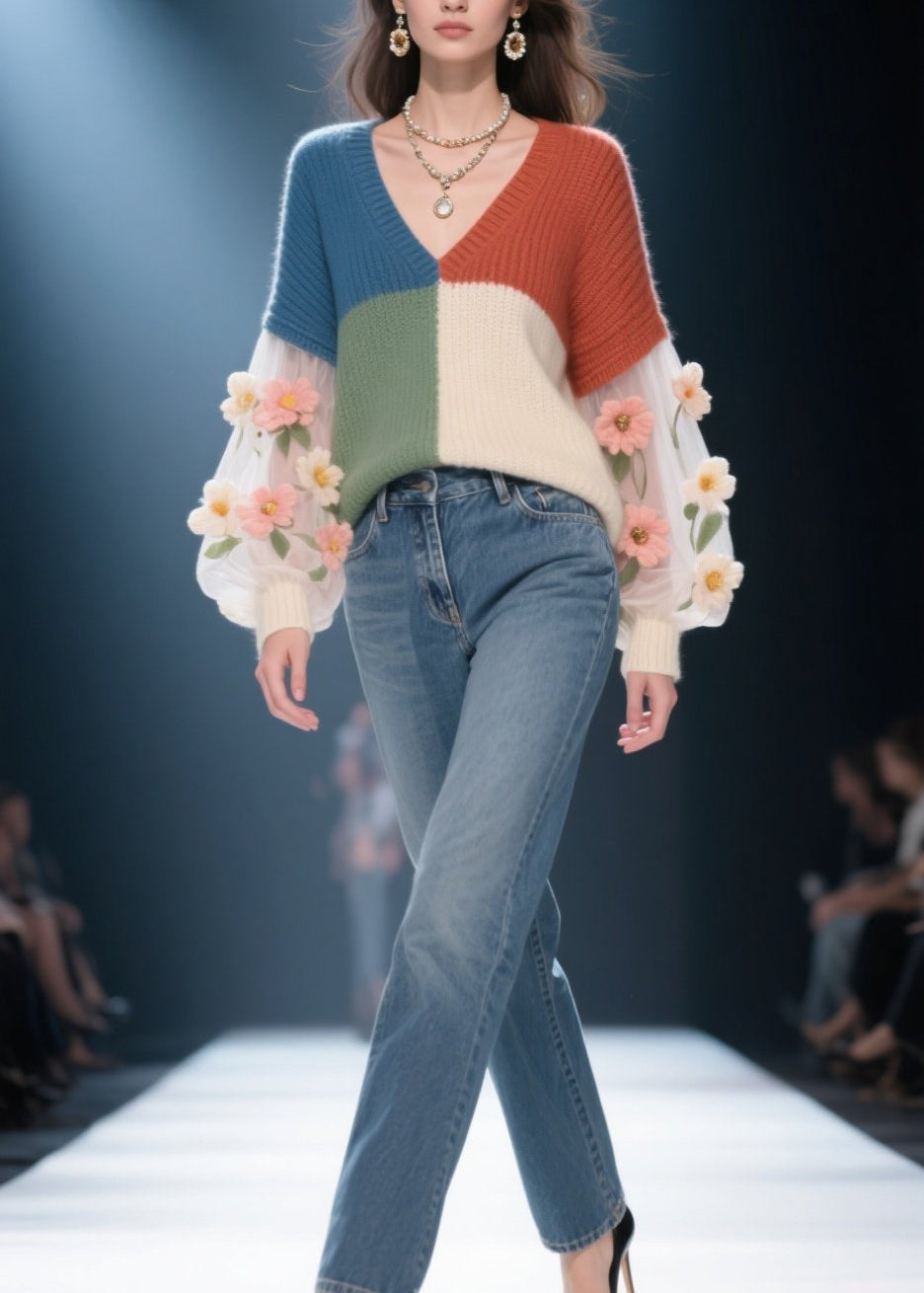 Fashion Colorblock V Neck Floral Patchwork Knit Sweater Fall