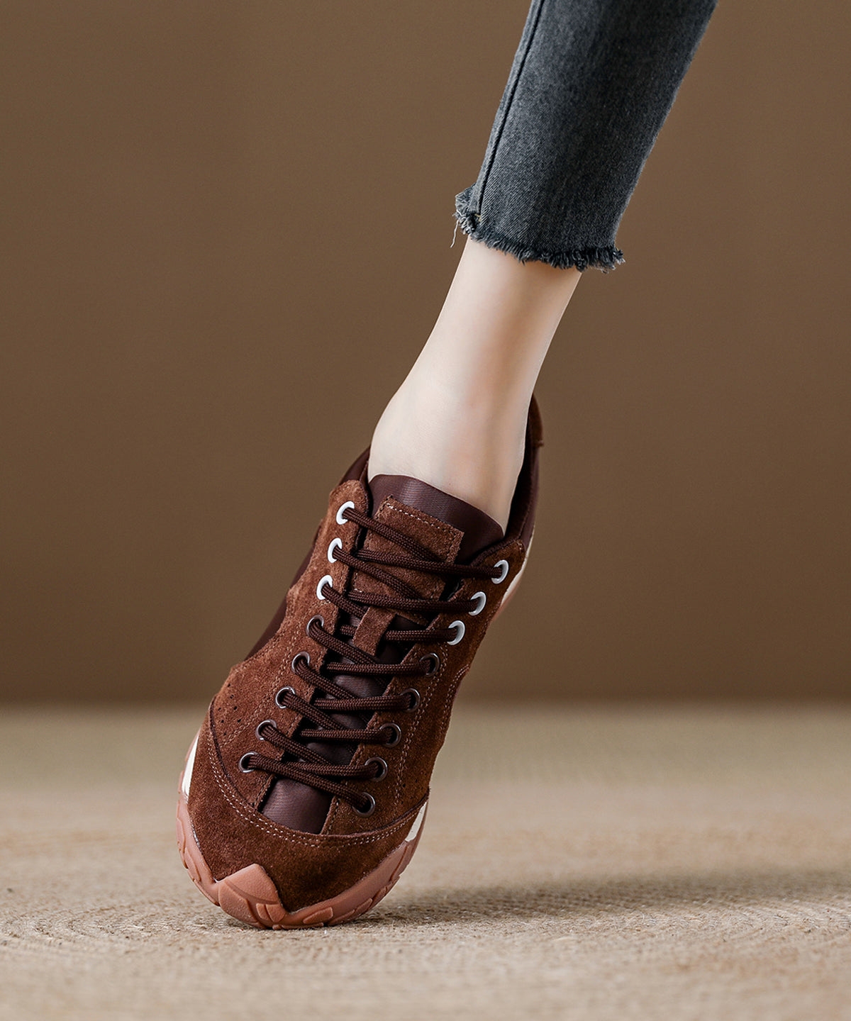 Red Lace Up Platform Suede Women Splicing Flats