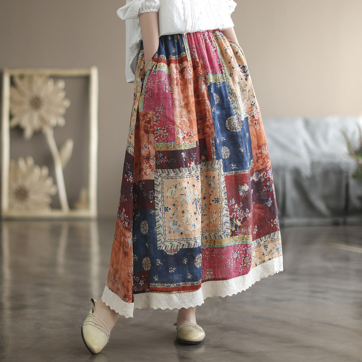 Retro Linen Print Cozy Loose Plus Size A-Line Trimmed Skirt