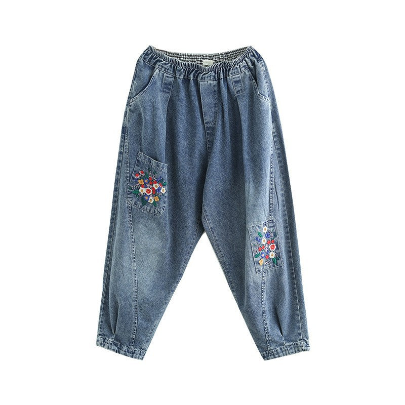 Pocket Embroidery High Waist Literary Retro Nine-point Harem Pants