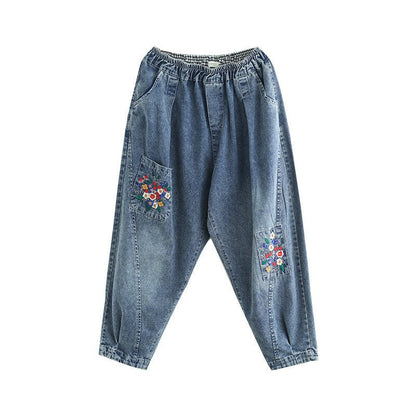 Pocket Embroidery High Waist Literary Retro Nine-point Harem Pants