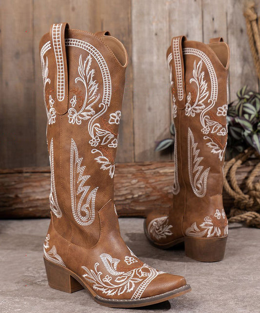 Boho Brown Embossed Solid Faux Leather Chunky Chunky Boots