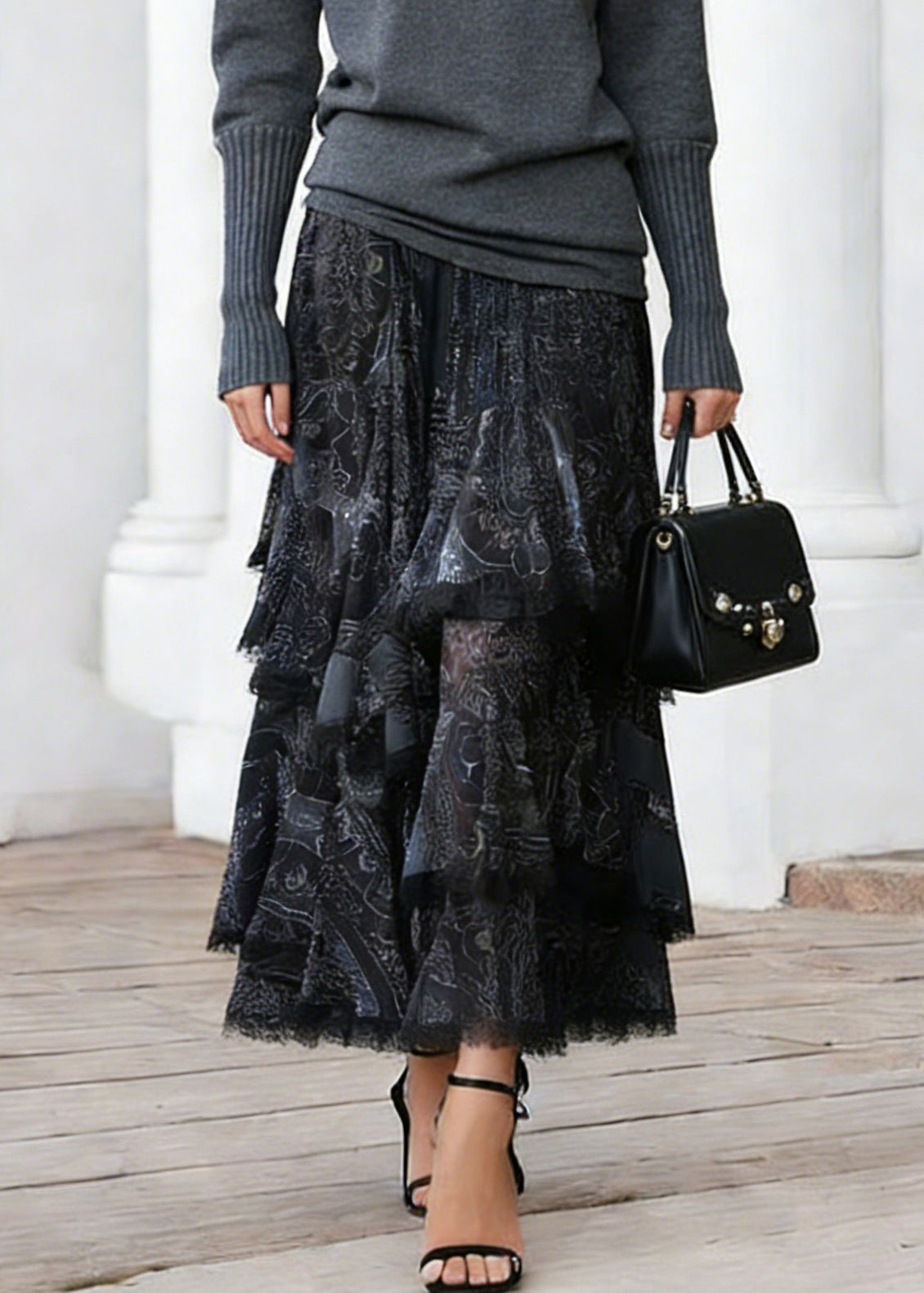 Women Black Print Elastic Waist Lace A Line Skirts