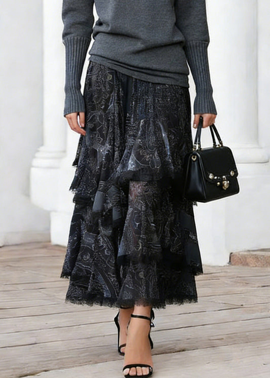 Women Black Print Elastic Waist Lace A Line Skirts