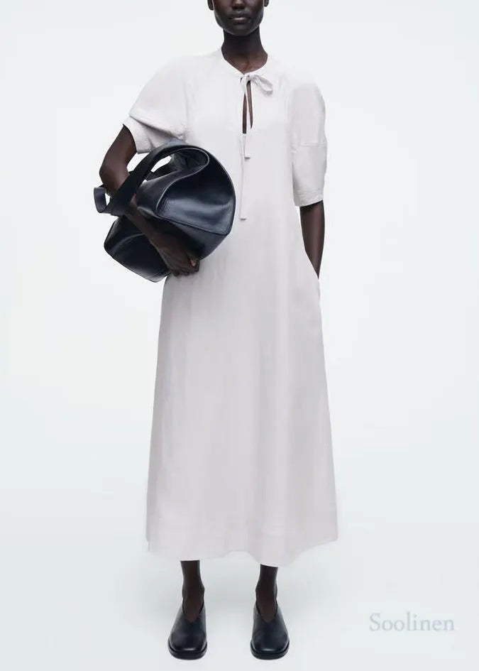 Women White Tie Neck Cotton Tunic Dress Summer