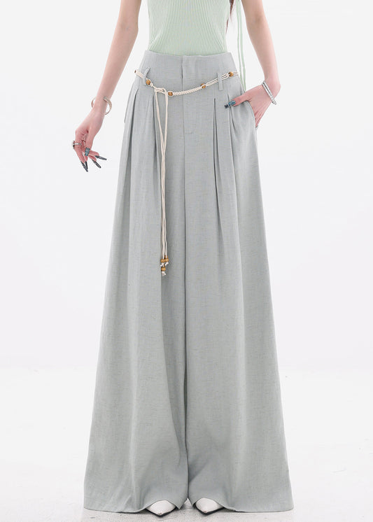 New Grey Zippered Cotton Wide Leg Pants High Waist