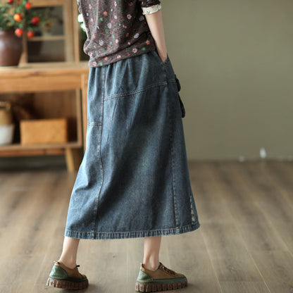 Vintage Embroidered Ripped Denim Slim A-Line Skirt