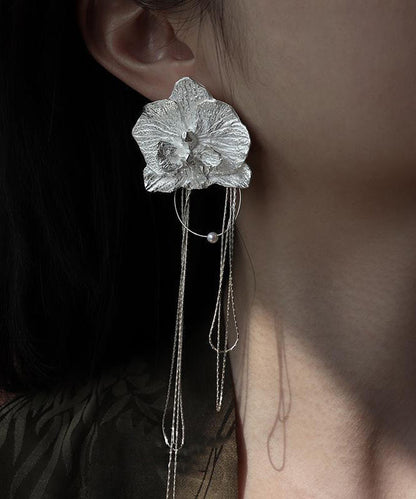 Vintage Silk Alloy Moth Orchid Tassel Drop Earrings