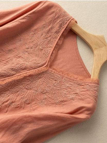 Embroidered V Neck 3/4 Sleeve Casual Linen Tee Top