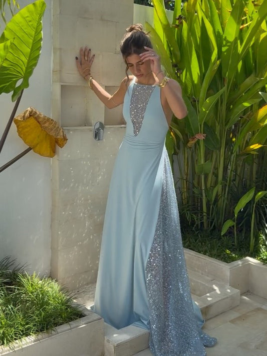 Light Blue Halter Neck Open Back Sequin Panel Drape Maxi Dress | Luxury Elegant Evening Gown