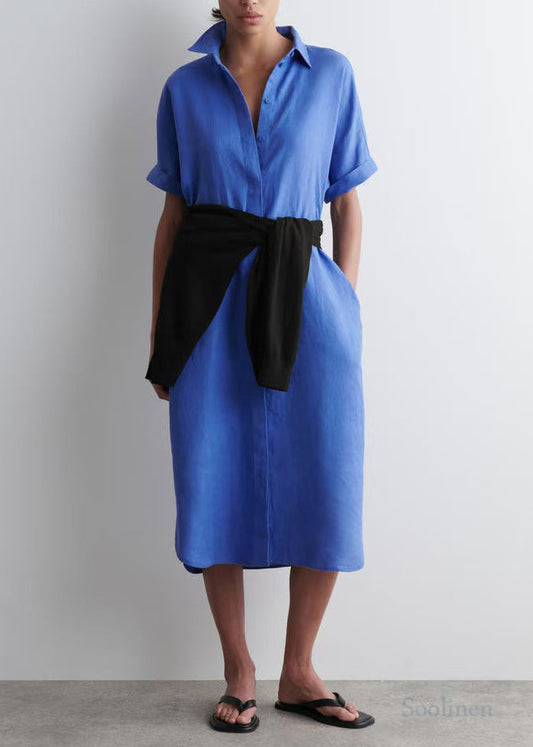 Plus Size Blue Peter Pan Collar Linen Straight Dresses Summer