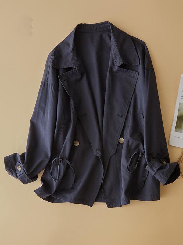 Women's Natural Fabric Double-breasted Minimalist Style Coat With Pockets In One-Size