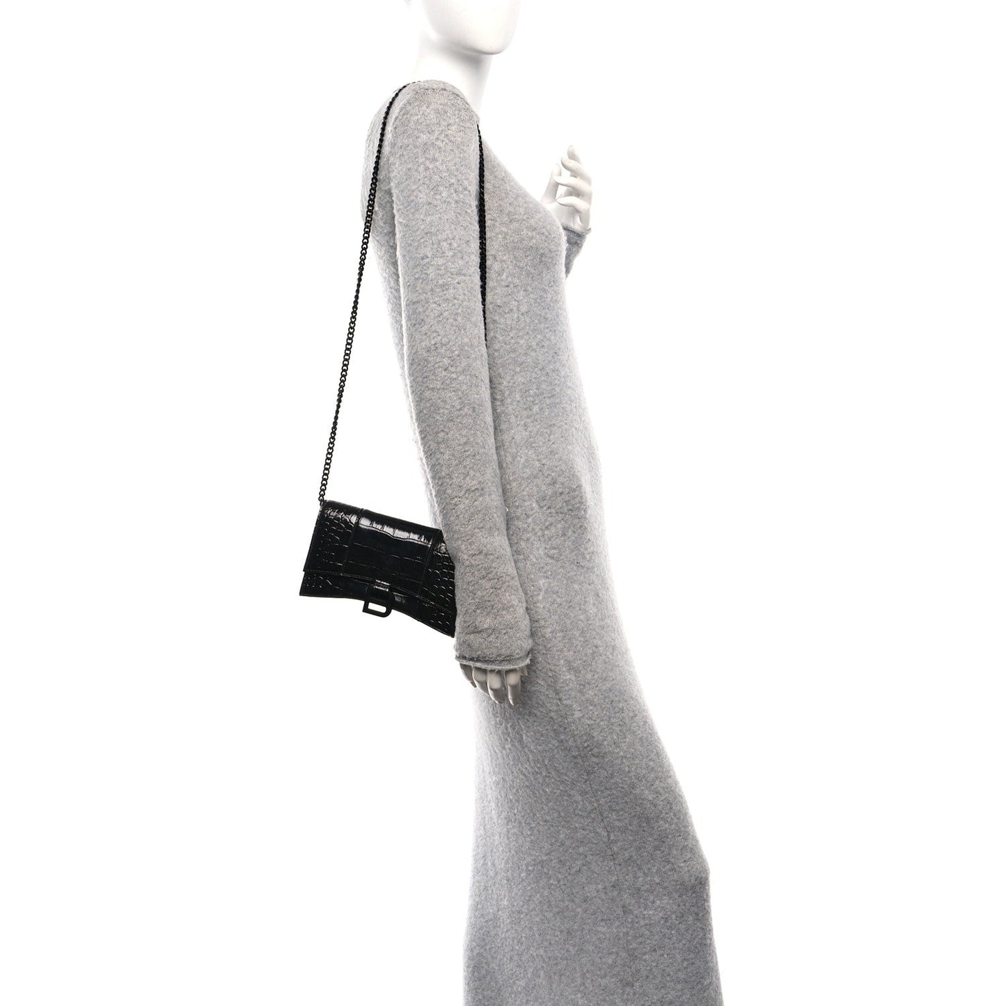 Shiny Calfskin Monochrome Crocodile Embossed Hourglass Chain Bag Black