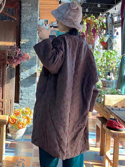 Women Linen Retro Print Pocket Long Sleeve Coat
