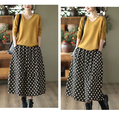Vintage Printed Cotton And Linen Slim Elastic Waist A-Line Skirt