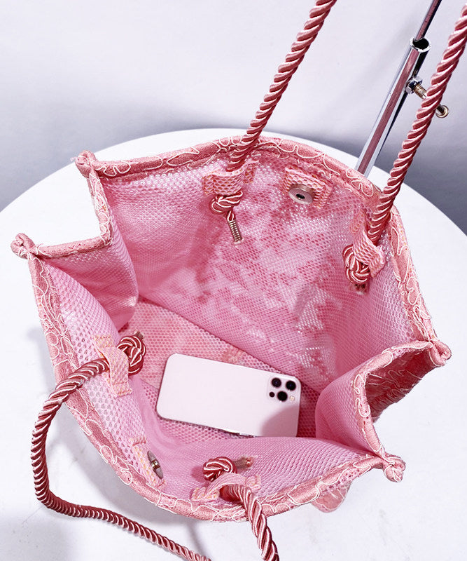Classy Pink Embroidered Large Capacity Tulle Women Handbags
