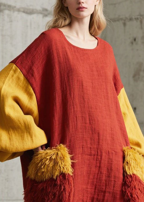 Vintage Red Oversized Patchwork Faux Fur Vacation Dress Lantern Sleeve