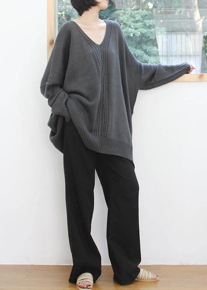 Vintage dark gray knitted blouse fall fashion v neck Batwing Sleeve knitted clothes