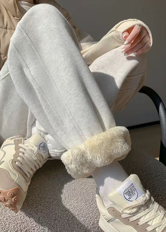 Women Light Grey Pockets Elastic Waist Warm Fleece Beam Pants Winter