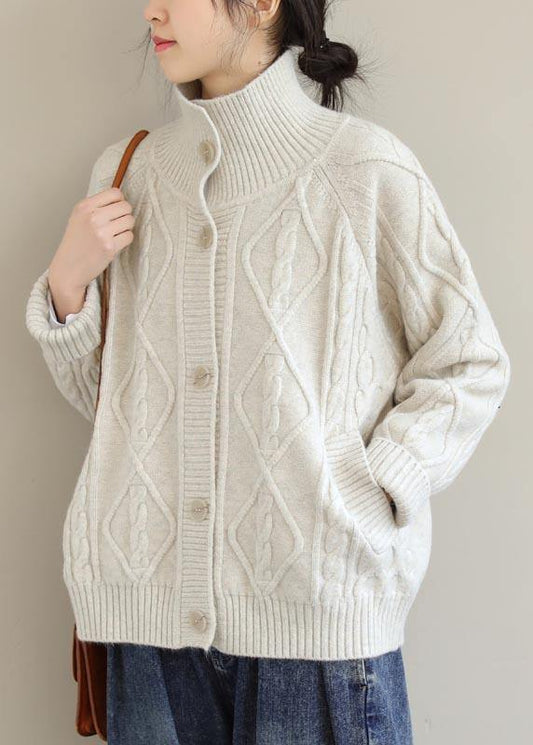 Cozy Beige Sweaters Stand Collar Pockets Trendy Plus Size  Knit Sweat Tops