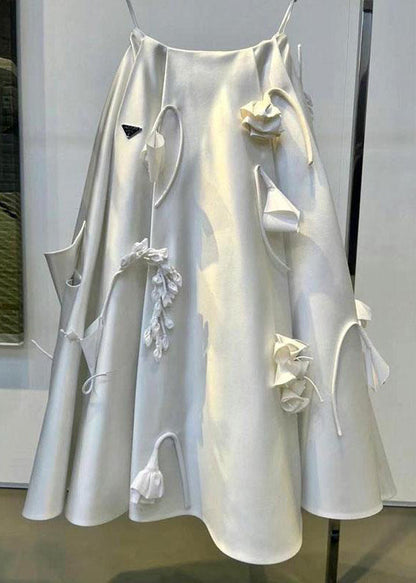 Fashion White Wrinkled Floral Decorated Skirts Summer