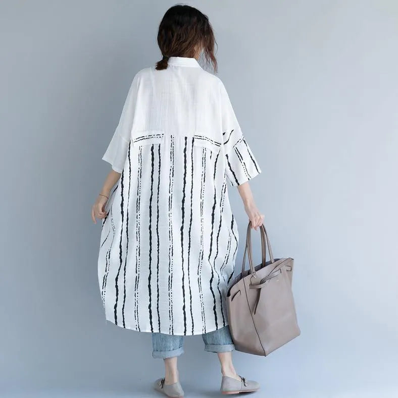 2018 white cotton dress plus size clothing dresses women bracelet sleeved patchwork Turn-down Collar striped cotton dresses