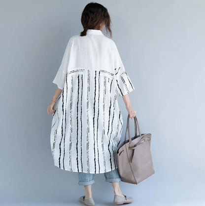 2018 white cotton dress plus size clothing dresses women bracelet sleeved patchwork Turn-down Collar striped cotton dresses