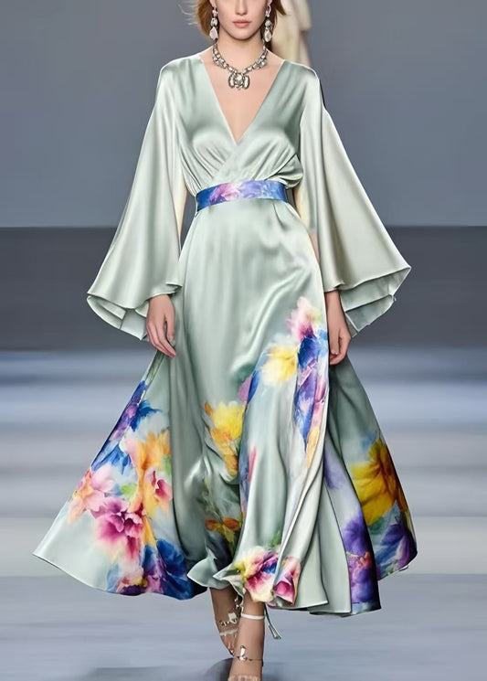 Art Light Green Floral Exra Large Hem Silk Tunic Dress Flare Sleeve