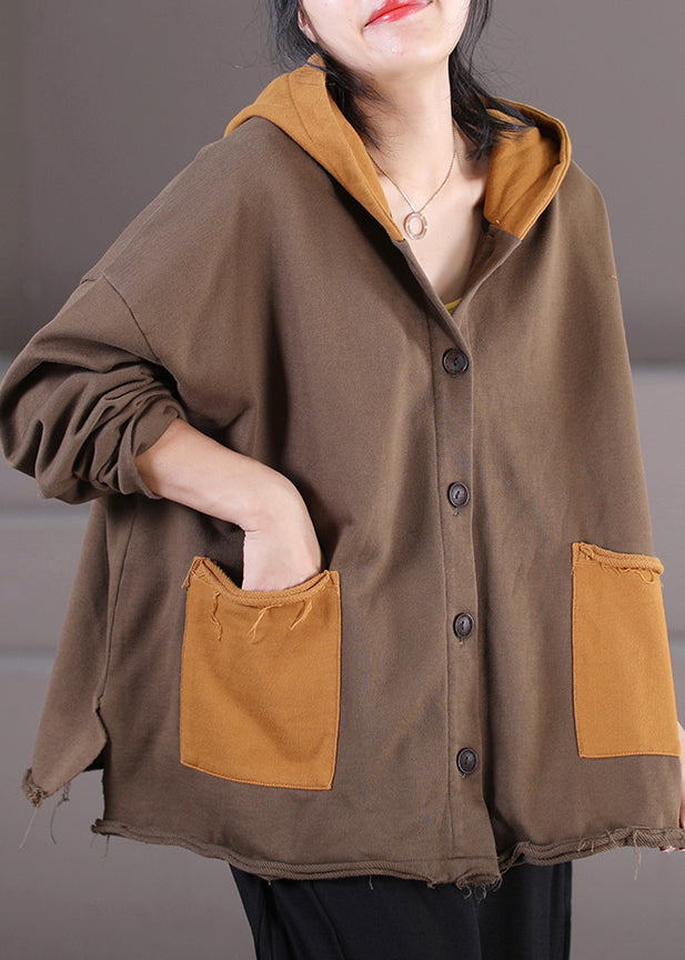 Retro Coffee Patchwork Cotton Hooded Coats Fall