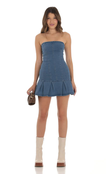 Strapless Pleated Dress in Denim