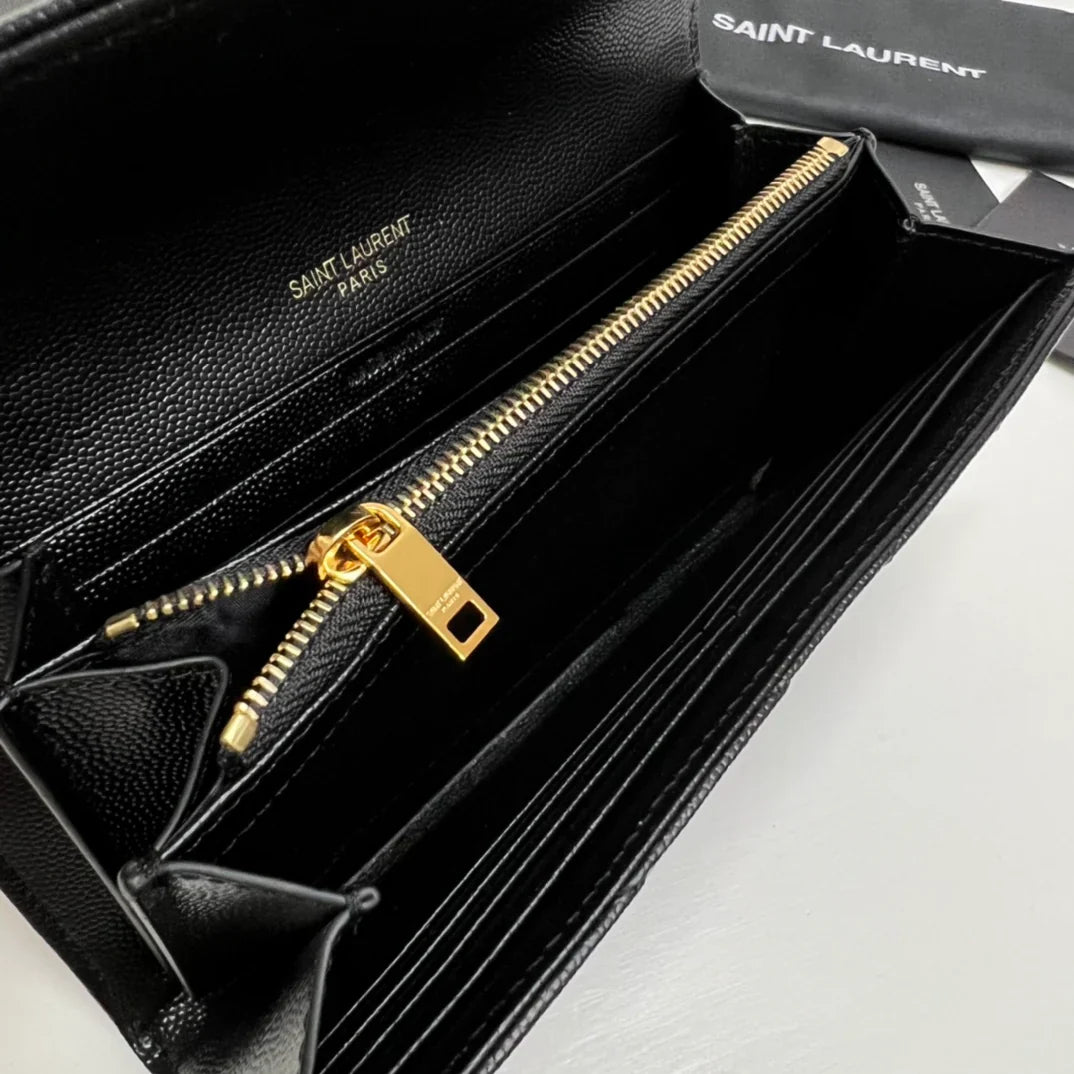 YSL Long Wallet Black Leather Gold Tone 10769 19cm