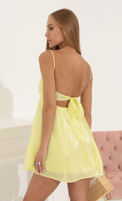 Shiny Organza Baby Doll Dress in Yellow