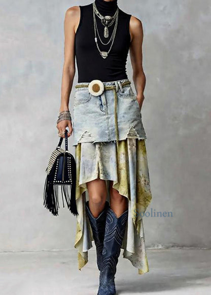 American Style Asymmetrical Tulle Patchwork Denim Skirts Spring