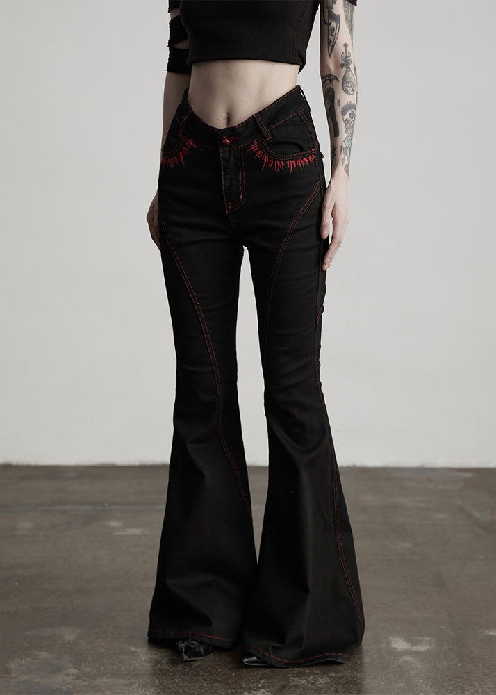 American Style Black Embroidered Pockets Cotton Flared Trousers Spring