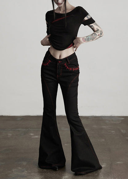 American Style Black Embroidered Pockets Cotton Flared Trousers Spring