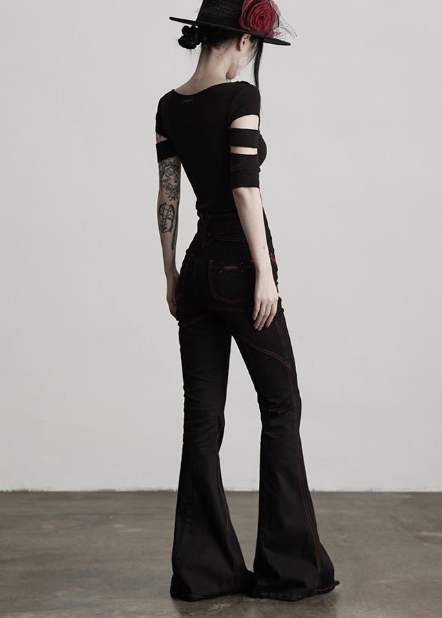 American Style Black Embroidered Pockets Cotton Flared Trousers Spring