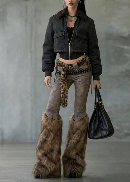 American Style Fuzzy Fur Patchwork Denim Flared Trousers Spring