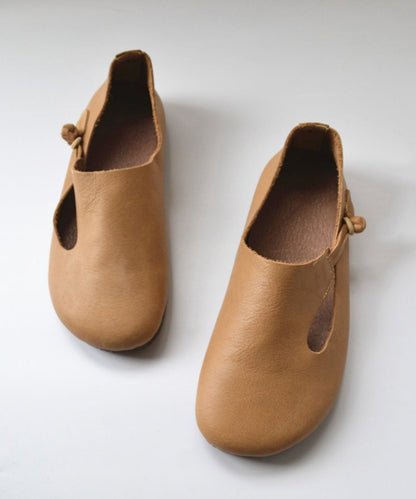 Apricot Cowhide Leather Splicing Flat Shoes For Women