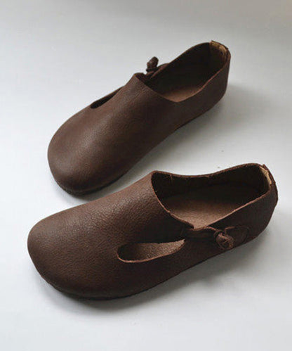 Apricot Cowhide Leather Splicing Flat Shoes For Women