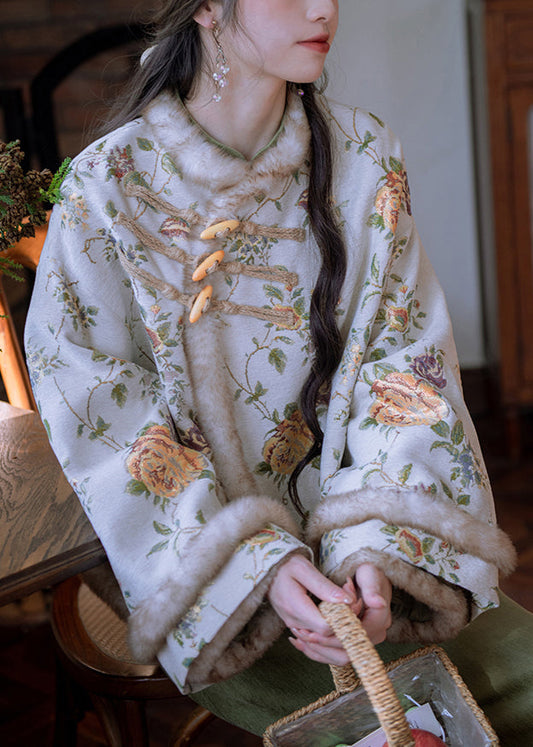Apricot Embroidered Patchwork Warm Fleece Winter Parkas Fur Collar