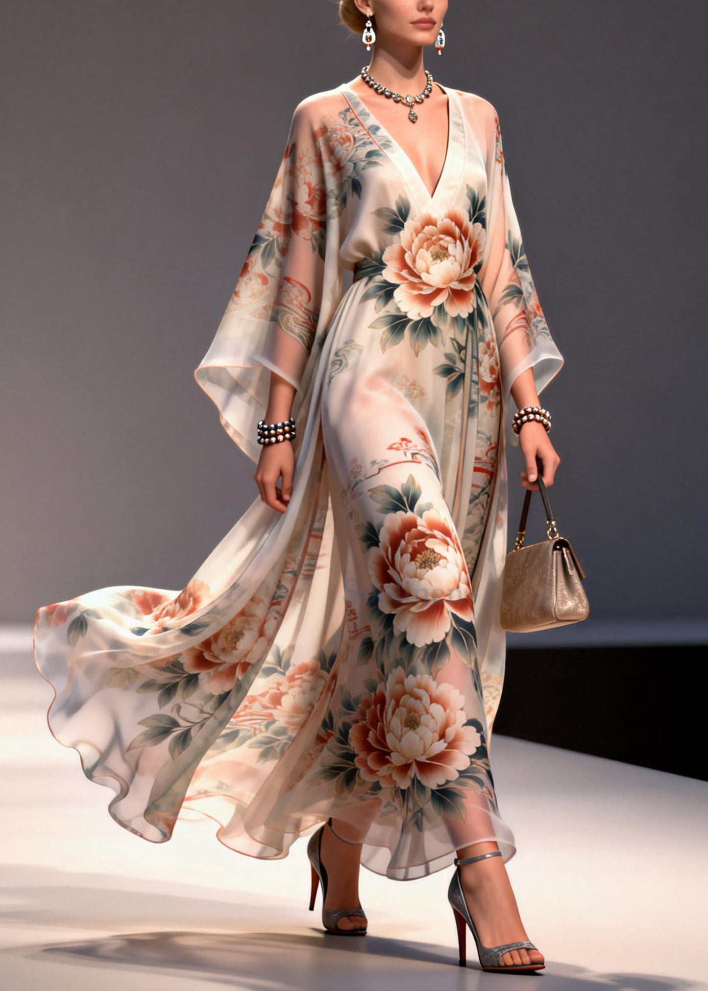 Apricot Floral Print Chiffon Maxi Dresses Exra Large Hem Summer