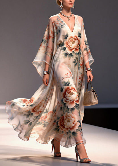 Apricot Floral Print Chiffon Maxi Dresses Exra Large Hem Summer