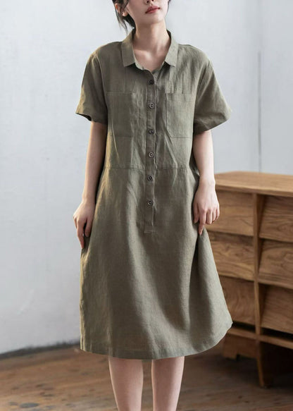 Army Green Linen Straight Dress Oversized Buttons Summer