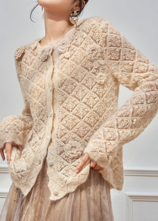 Art Apricot Hollow Out Floral Button Knit Sweater Spring