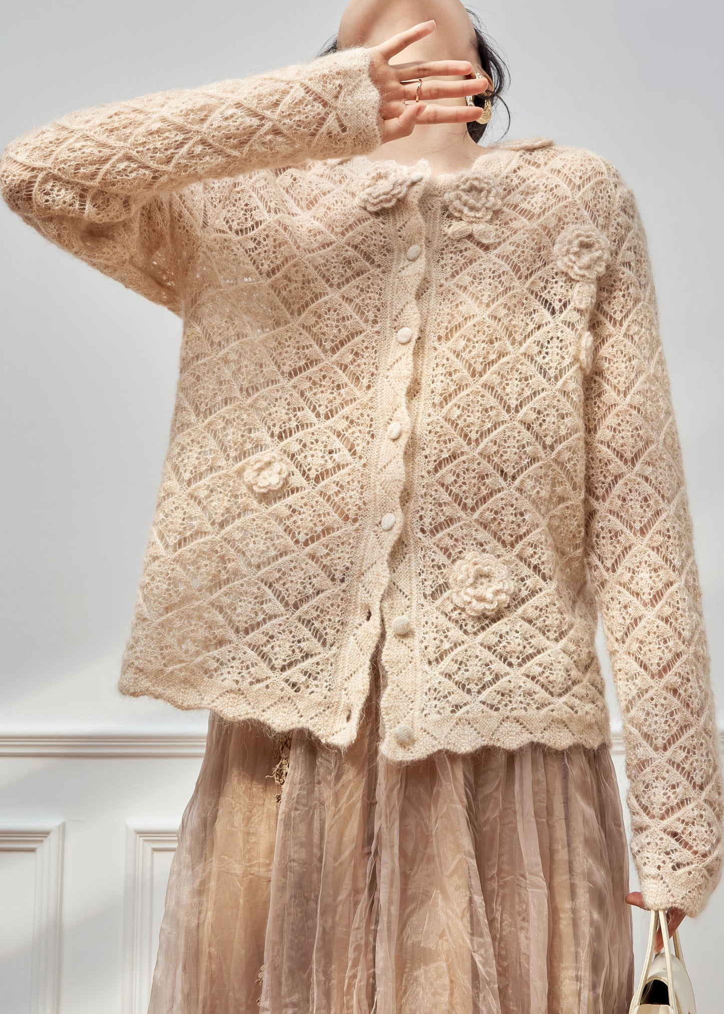 Art Apricot Hollow Out Floral Button Knit Sweater Spring
