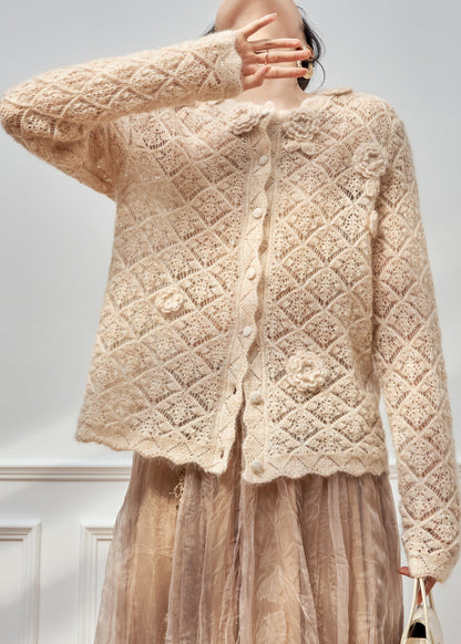 Art Apricot Hollow Out Floral Button Knit Sweater Spring