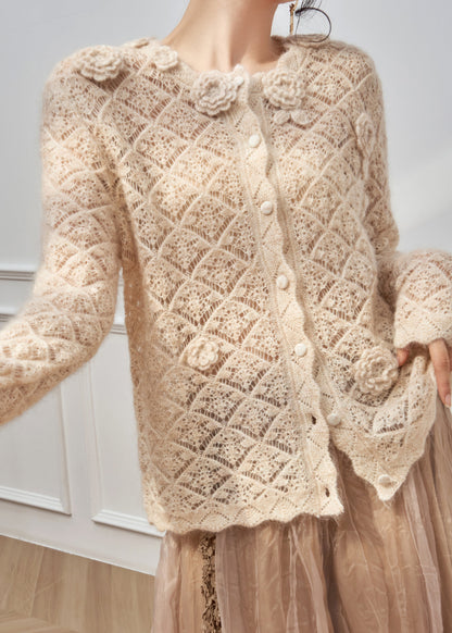 Art Apricot Hollow Out Floral Button Knit Sweater Spring