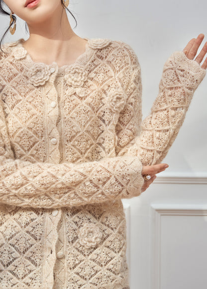 Art Apricot Hollow Out Floral Button Knit Sweater Spring