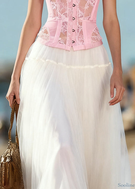 Art Beige Solid Elastic Waist Tulle Skirts Summer